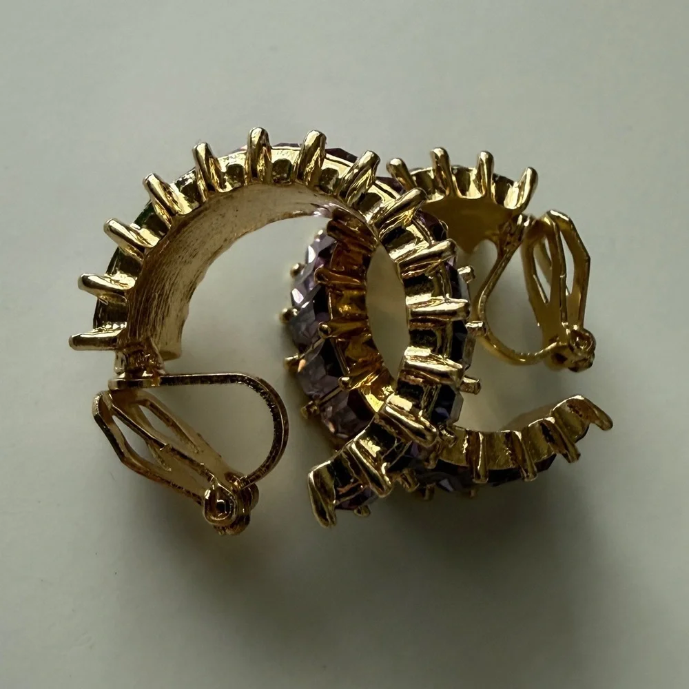 Elegant Gold and Purple Amethyst Hoop Clip On Earrings - Picture 3 of 6